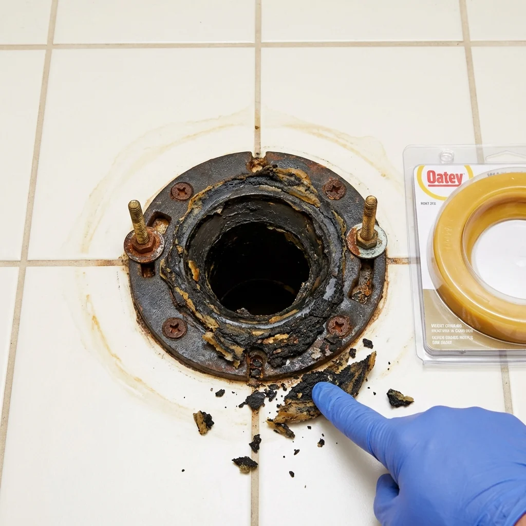 Failed wax ring showing water seepage at the base of a toilet in a Halifax, NC home