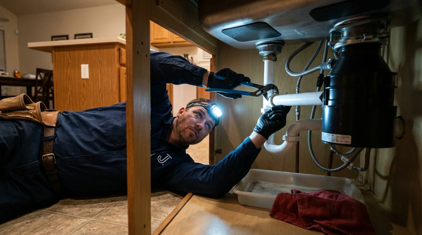 P-trap and supply line connections under a kitchen sink showing a common leak point in Halifax, NC